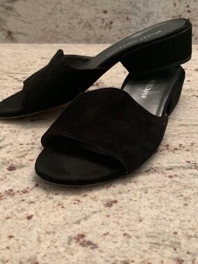 Stuart Weitzman Black Suede Open-Toe Slide Mules